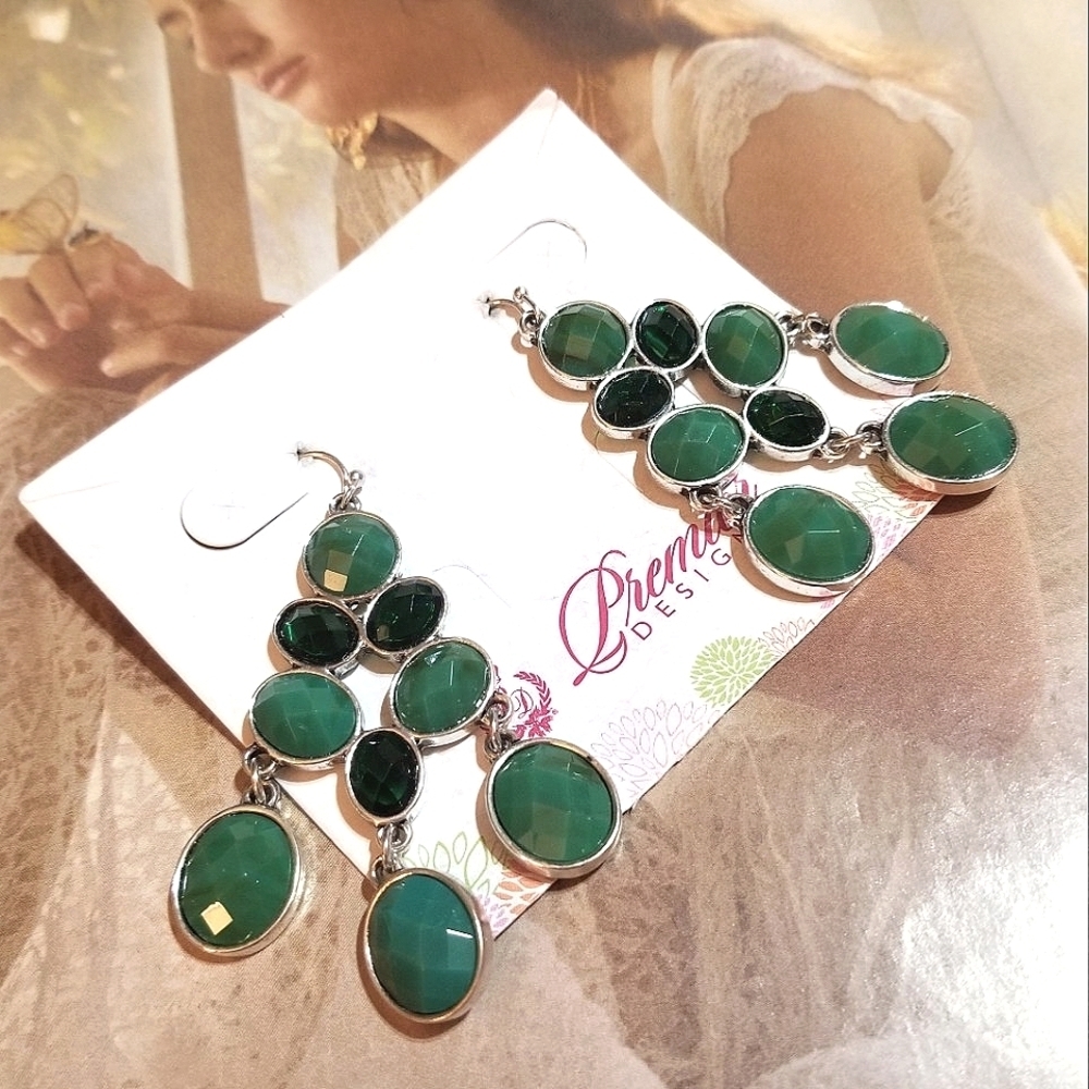 NOS Premier Designs Cascading Green Stone Earrings